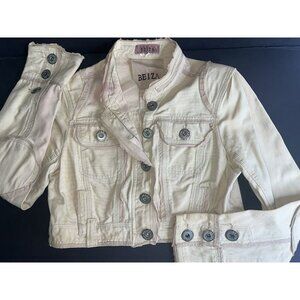 Cropped Distressed Jacket Womens Size L Cotton Y2K Twill Canvas Tan Elbow Pads